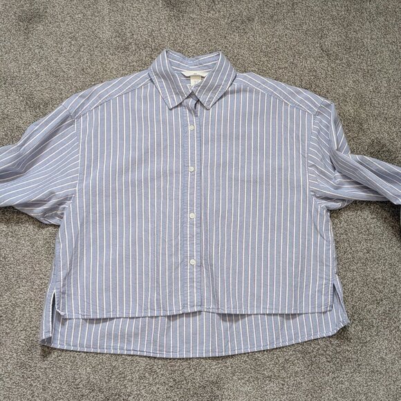 H&M; Short Crop Blue Stripe Long Sleeved Oversized Button Oxford Shirt; Size XS - Picture 4 of 6